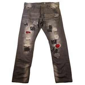 Born Fly Mens 38 Jeans Gray Distressed Patchwork Button Fly Straight Leg Denim
